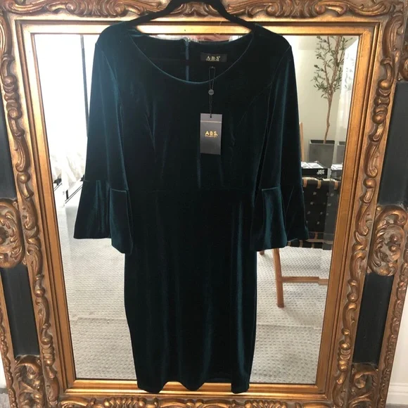 ABS Allen Schwartz | Dresses | Nwt Abs Dark Real Emerald Green Velvet Dress  Bell Sleeve Sheath Dress 95 | Poshmark